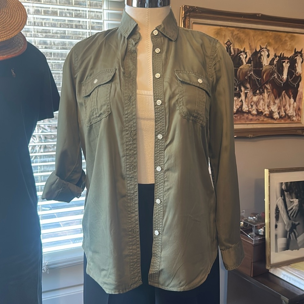 Talbots Sz SP Military Green Ladies Button Down Shirt EUC 100% Lyocell